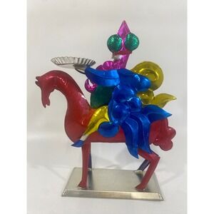Mexican Folk Art Tin Horse Rider Candle Holder Colorful Painted Metal Sculpture